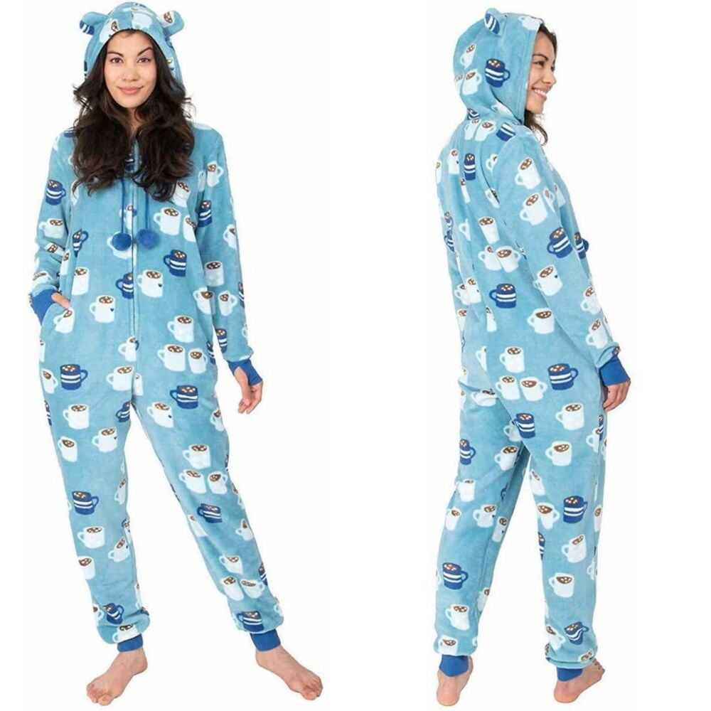 Munki Munki Ladies Plush One Piece Hooded Pajama Aqua Hot Cocoa Cups Small